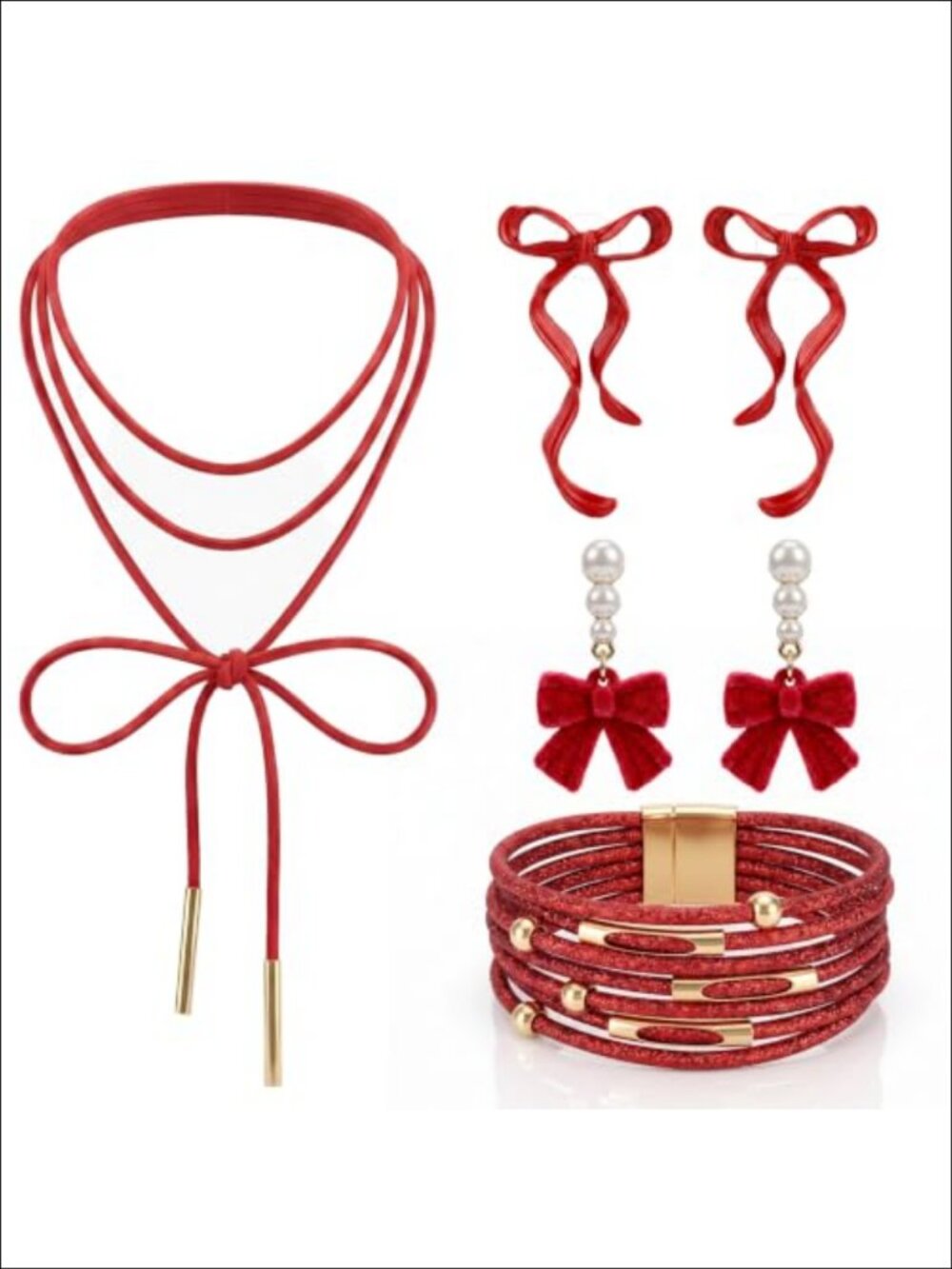 4 Pc Bow Choker Necklace Earrings Bracelet Set Velvet Ribbon Pearl Accent